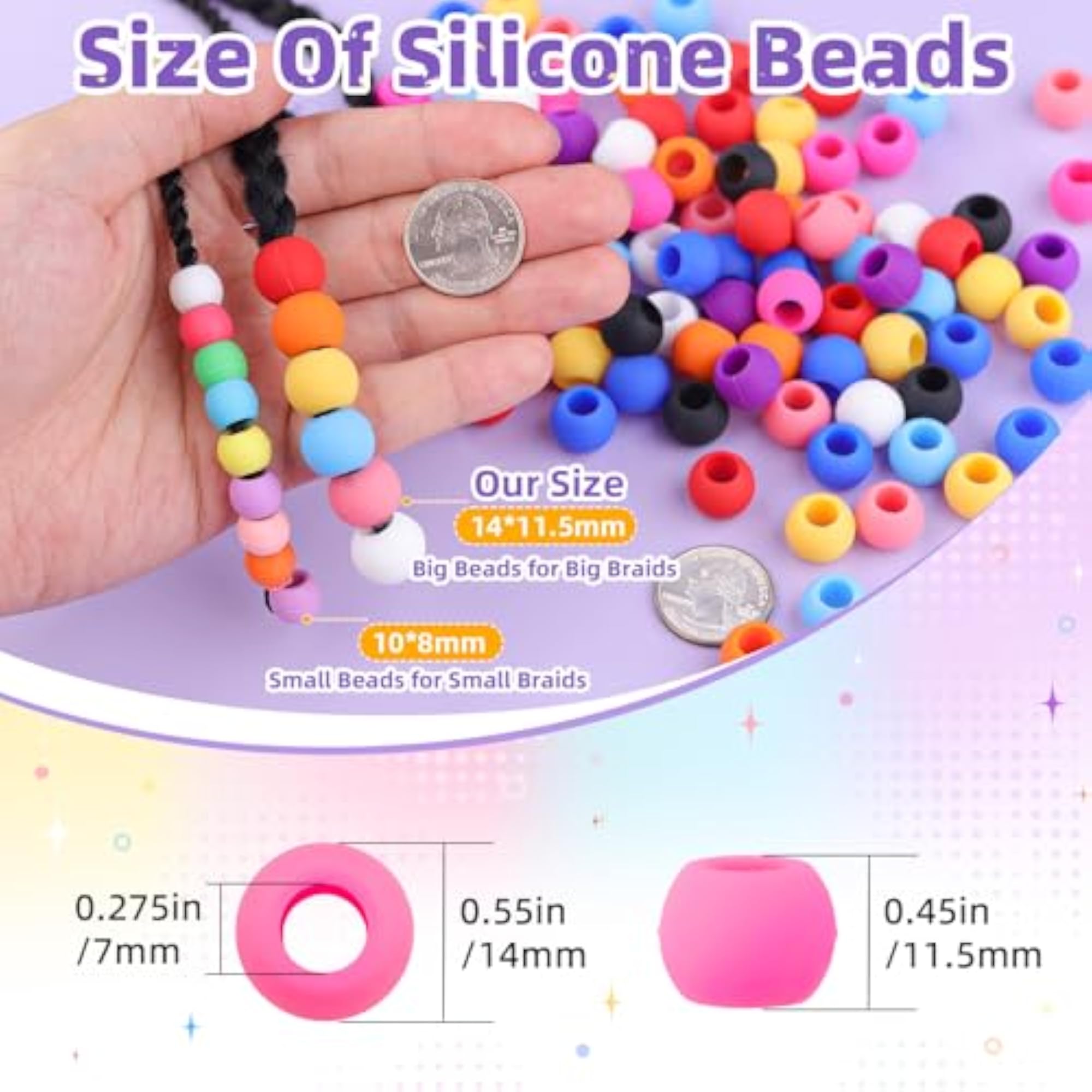 90Pcs Soft Silicone Beads for Hair, Purple Mix Colors